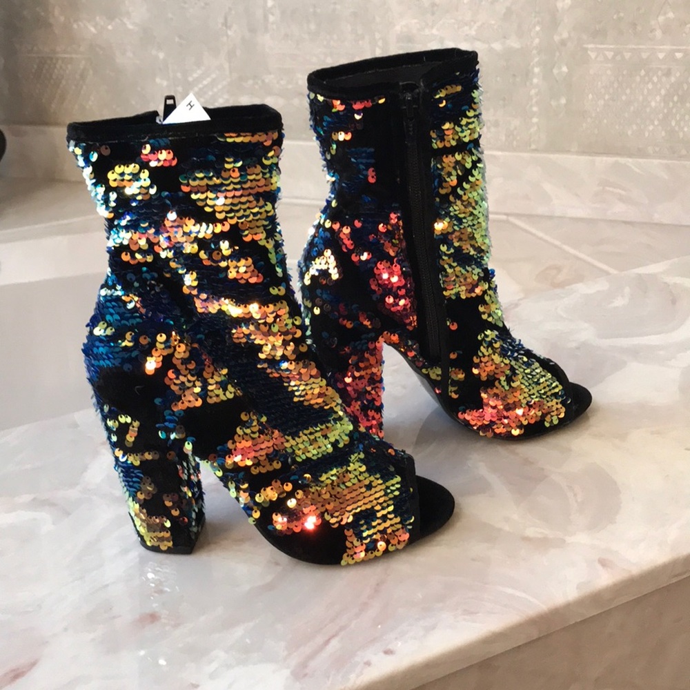 Multi colored Sequin peep toe booties.
